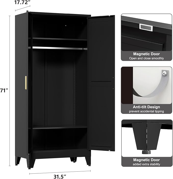 71'' Farmhouse Metal Wardrobe Cabinet with Hanging Rod, 2 Barn Door Wardrobe Closet with 2 Adjustable Shelves,for Dining Room,Bedroom,Living Room, Cloak Room,Office (Black)