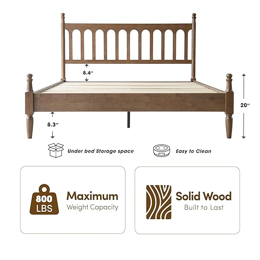 King Size Solid Wood Platform Bed Frame with Headboard & Footboard, 12 Sturdy Slatted Base, Metal Legs, No Box Spring Needed, Anti-Slip & Noise-Free, Easy Assembly, Barnwood Finish, WCK-30