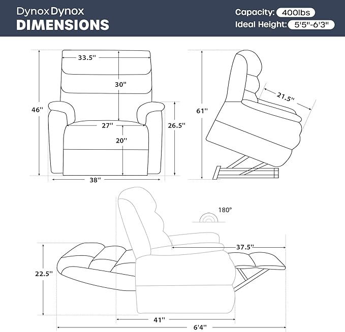 DYNOX 400lbs Big Man Lift Chair Large-Wide Power Dual Motor Lift Recliners Chairs Lay Flat Chair with Infinite Positions, Heat & Massage, (9298,Chenille,Blue)