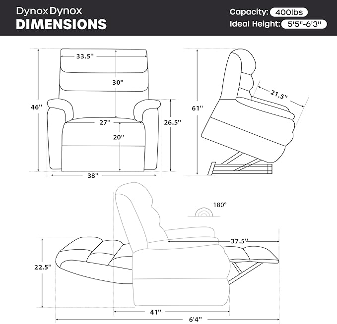 DYNOX Big Man Large-Wide Power Dual Motor Lift Recliners Chairs for Elderly Lay Flat Lift Chair with Infinite Positions, Heat & Massage, Supports 400 LBS(9298,Chenille,Grey)