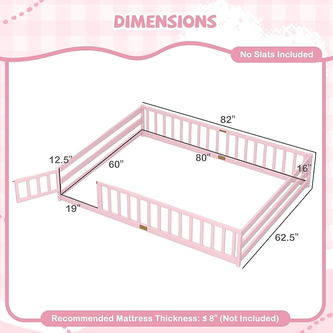 Giantex Queen Floor Bed with Door & Fence, Kids Wood Montessori Beds with Safety Guardrails, Floor Bed Twin for Kids, Boys, Girls, No Box Spring Needed, Pink