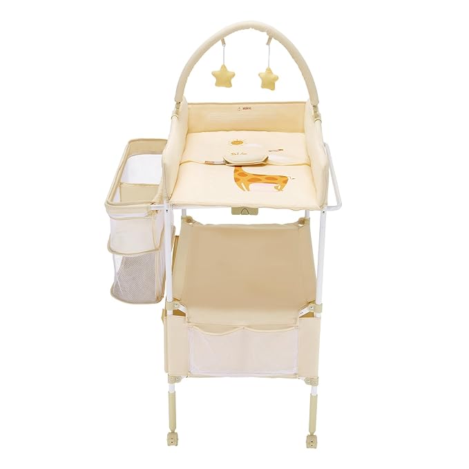 VEVOR Baby Changing Table, Adjustable Height Diaper Change Station with 2 Fabric Drawers, Side Basket and Hanging Rod, Foldable Changing Table with Lockable Wheels and 2 Star Toys, Light Beige