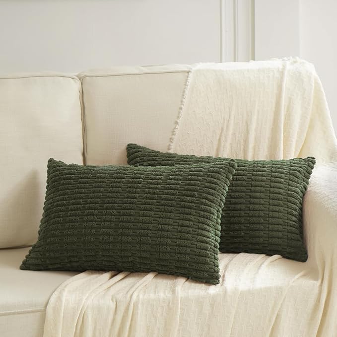 Fancy Homi 2 Packs Boho Olive Green Decorative Throw Pillow Covers 12x24 Inch for Couch Bed Sofa, Rustic Modern Farmhouse Home Decor, Soft Plush Corduroy Cute Square Cushion Case 30x60 cm
