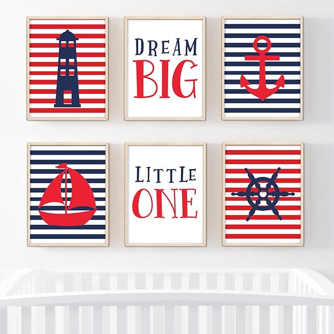 Andaz Press Ocean Nautical Sailor Theme Nursery Kids Bedroom Hanging Wall Art Decor, 8.5x11-inch, Red Blue Stripes, Boat, Anchor, Lighthouse, Whale, 6-Pack, Unframed Room Poster
