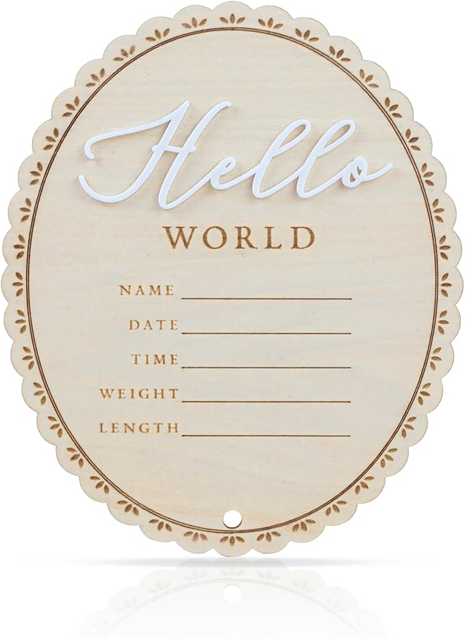 Baby Announcement Sign 6.5 Inch Wooden Hello World Newborn Welcome Sign Birth Name Plaques for Photo Props Shower Hospital Nursery (BOW CUT)