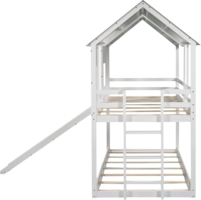 Twin Over Twin Wood House Bunk Bed with Slide and Windows, White