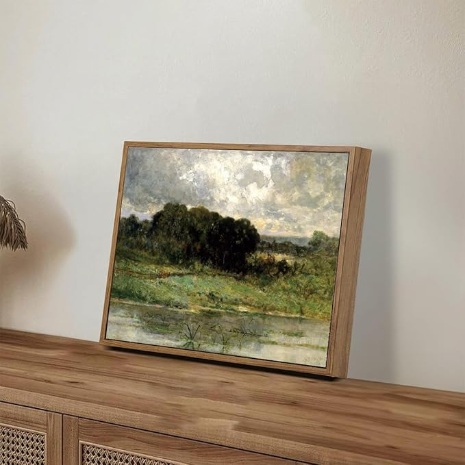 OIQArtOIQ Framed Vintage Landscape Wall Art Lake Natural Scenery Oil Painting Canvas Prints Country Farmhouse Decor Aesthetic Pictures for Kitchen Bedroom Living Room Bathroom
