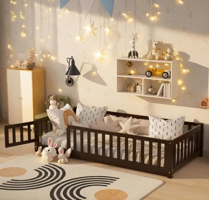 Bellemave Twin Size Floor Bed for Kids, Girls, Boys, Rubber Wood Floor Bed with slats and Door, Espresso