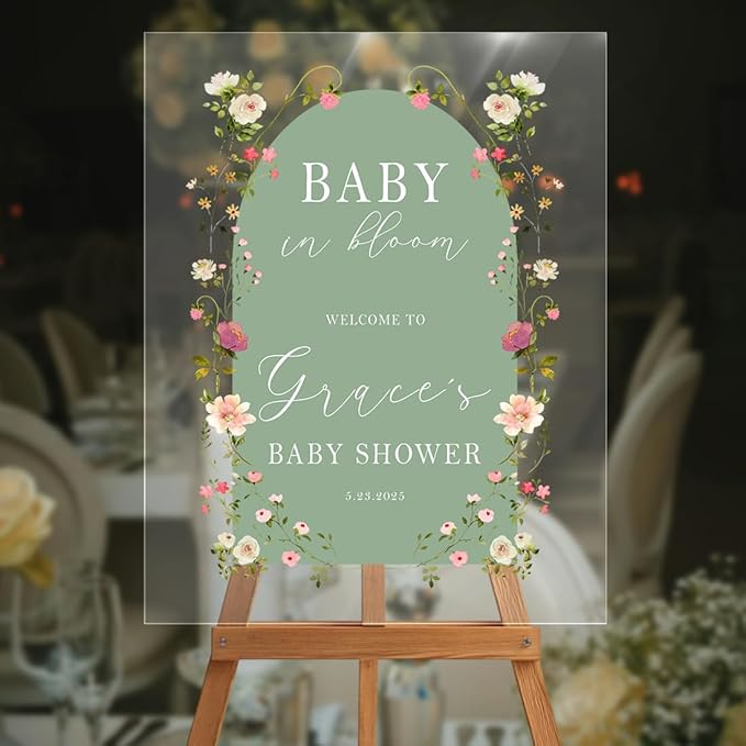 Personalized Green Arch Baby Shower Welcome Sign - Baby in Bloom Floral Announcement Sign - Elegant Girl Entrance Decor