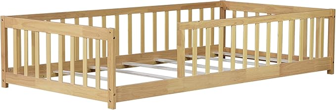 Twin Size Kids Montessori Floor Bed,Twin Floor Bed Frame with Slats,Solid Wood Twin Bed Frame for Girls Boys,Natural