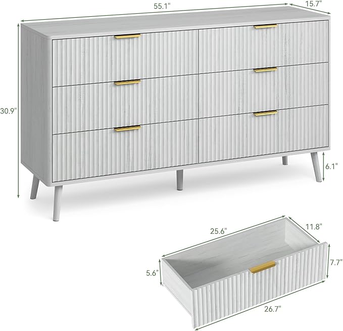 LYNSOM 55" Wide Fluted Dresser for Bedroom with 7 Drawer, Modern Chest of Drawers with Curved Profile Design and Metal Handles, Wood Dresser TV Stand & Storage Organizer for Living Room, White