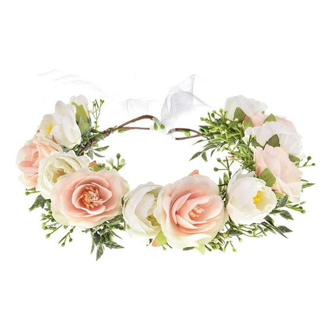 DreamLily Camellias Flower Crown Birthday Photo Pops Hair Wreath Wedding Festival Floral Headpiece XM11 (B-Champagne Ivory)