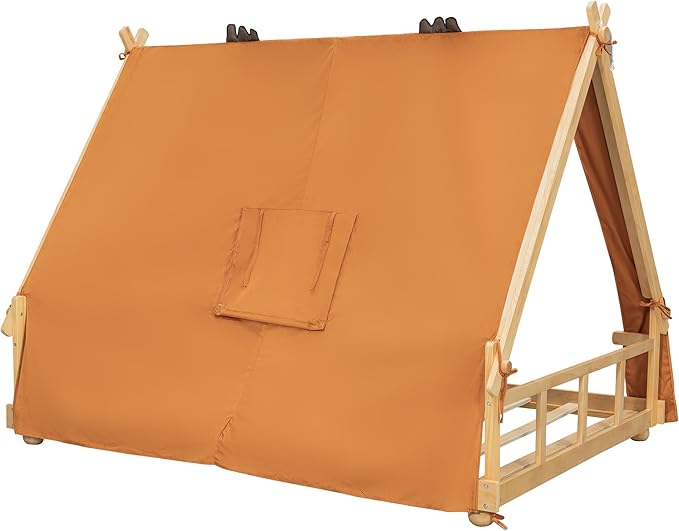 Montessori Floor Bed Full with Tent & Light, Wood Full House Beds for Kids, DIY Playhouse, Low-Profile Teepee Bed, Playful Indoor Adventure & Sleep for Girls Boys,Natural+Brown