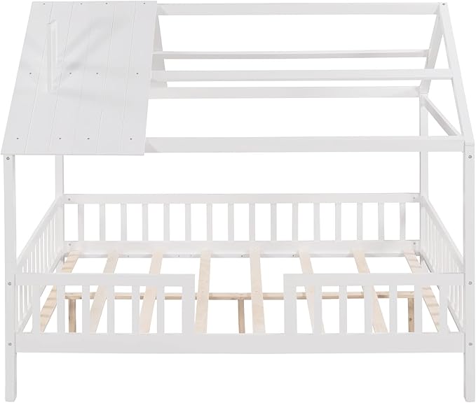 Merax Full House Bed for Kids,Wood Full Bed Frame House-Shaped Bed Platform Bed Frame with Roof Windows and Full-Length Safety Rails White