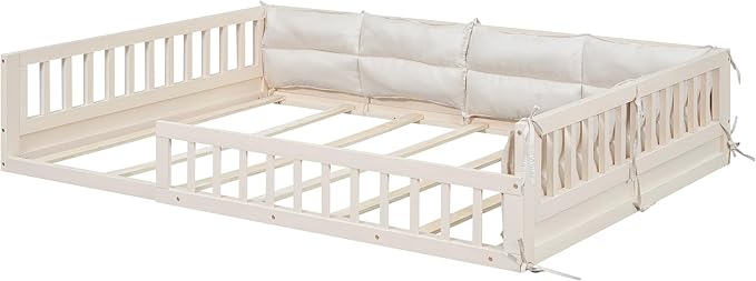Full Size Upholstered Floor Bed with Guardrail, Montessori Platform Bed Frame for Kids and Toddlers, Wood Slat Support, No Box Spring Needed (Beige + Solid Wood+MDF + Full)