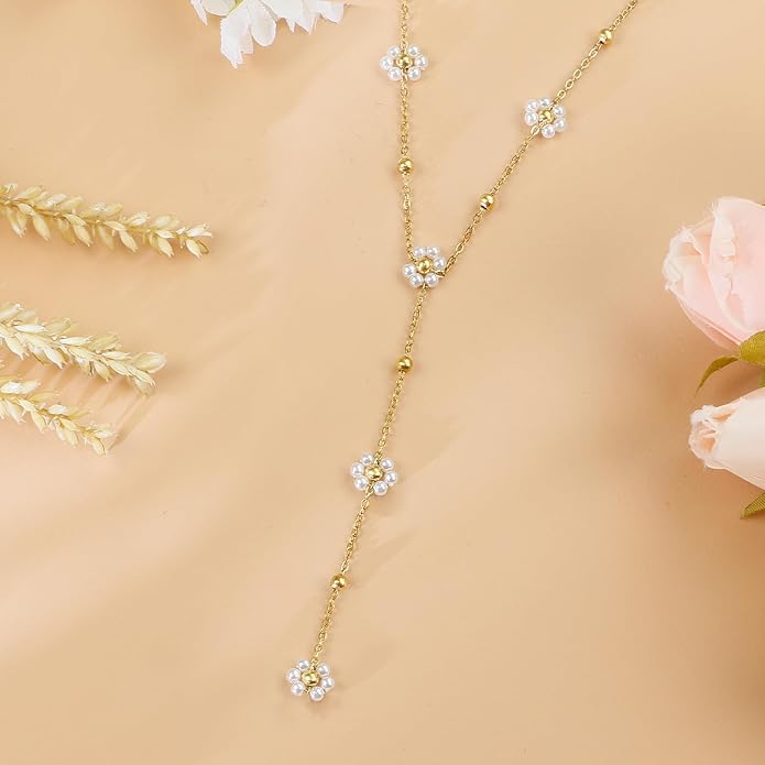 SmileBelle Pearl Necklaces for Women, Daisy Pearl Choker as Christmas Stocking Stuffers for Teens, Silver Daisy Pearls Jewelry Trendy Stuff Birthday Gifts 3 Pearls White Necklace as Wedding Jewelry