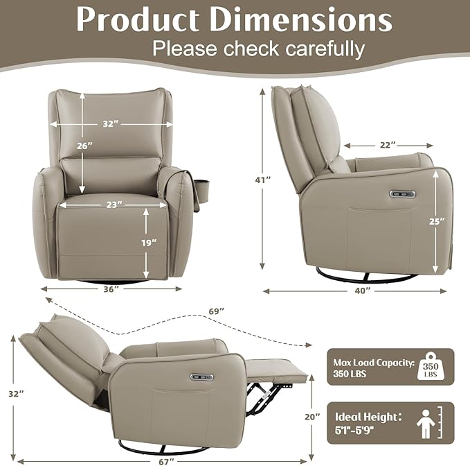 Power Recliner Gliders for Nursery, Electric Swivel Rocker Recliner Chair, Comfy Upholstered Living Room Reclining Rocking Chairs with Lumbar Support