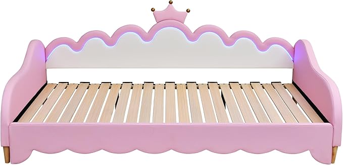 Merax Twin Size Upholstered Princess Bed Frame with Crown Headboard and Light Strips, Space-Saving Extending Daybed Pull Out Sofa Bed for Girls Teens Kids Bedroom, No Box Spring Needed, Pink