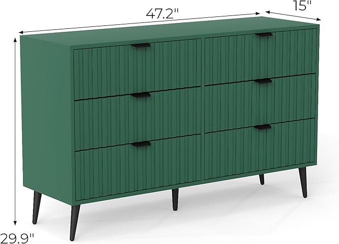 Fluted Dresser for Bedroom with 6 Drawers, 47'' Wide Modern Dresser with Metal Handle, Wood Dressers Organizer with Blister Drawers for Bedroom, Green
