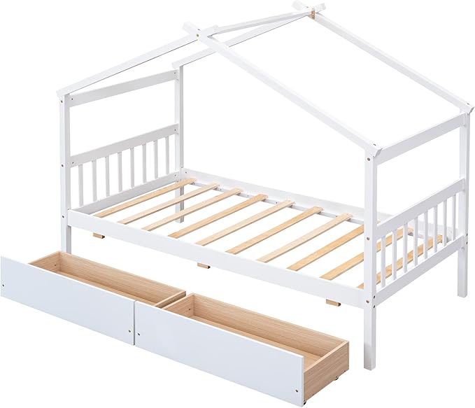 Merax Twin Size Wooden House Bed with Two Drawers, Wood Bed Frame with Roof for Kids, Teens, Boys or Girls, White