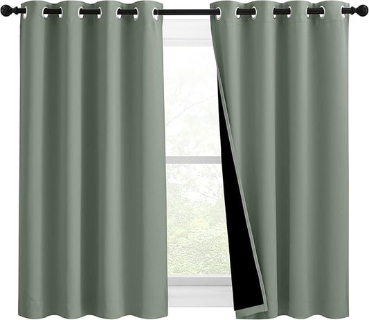 NICETOWN 100% Blackout Curtains 54 inches Long, Double-Deck Completely Blackout Window Treatment Thermal Insulated Lined Drapes for Small Window (Greyish Green, 1 Pair, 46 inches Width Each Panel)
