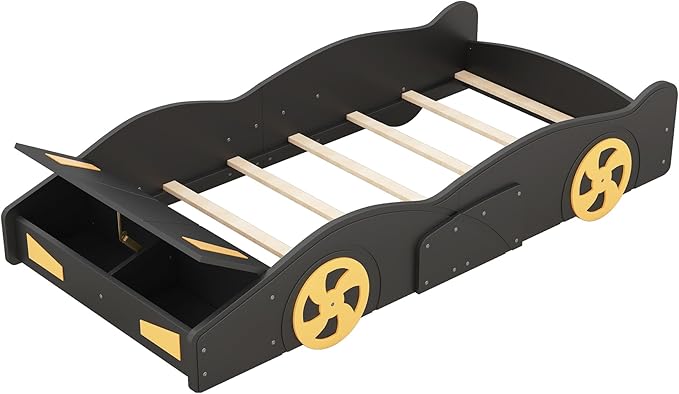 Twin Size Race Car Bed for Boys with Wheels and Storage,Kids Twin Bed Frame W/Guardrails,Race Car-Shaped Platform Bed,Toddler Car Bed for Boys,Child's Bedroom,Black+Yellow
