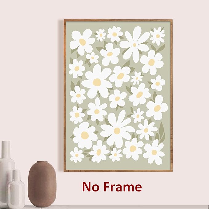 Daisies Canvas Wall Art Modern Flower Painting White Daisy Picture Minimalist Flower Posters Green Floral Painting Rustic Botanical Wall Art White Flower Pictures for Living Room Bedroom 16x24in