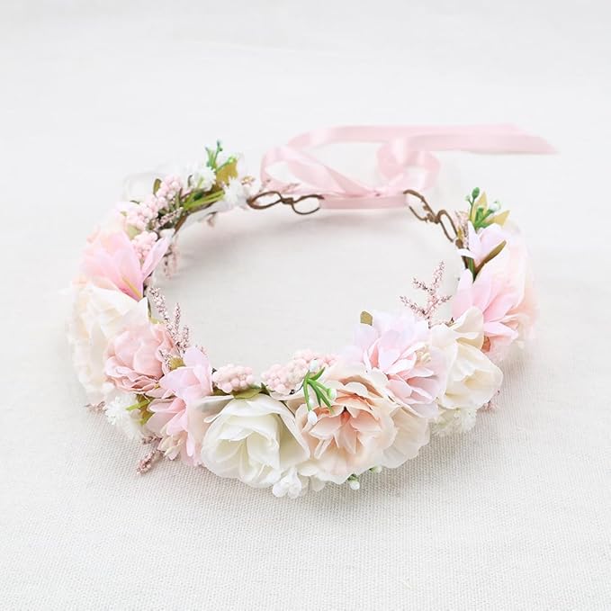 Flower Crown for Girls Birthday Party Children Floral Headpiece Kids Headband Wedding Holo Hair Accessories Photo Prop Soft Pink Headband