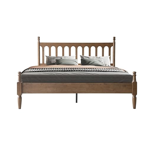 King Size Solid Wood Platform Bed Frame with Headboard & Footboard, 12 Sturdy Slatted Base, Metal Legs, No Box Spring Needed, Anti-Slip & Noise-Free, Easy Assembly, Barnwood Finish, WCK-30