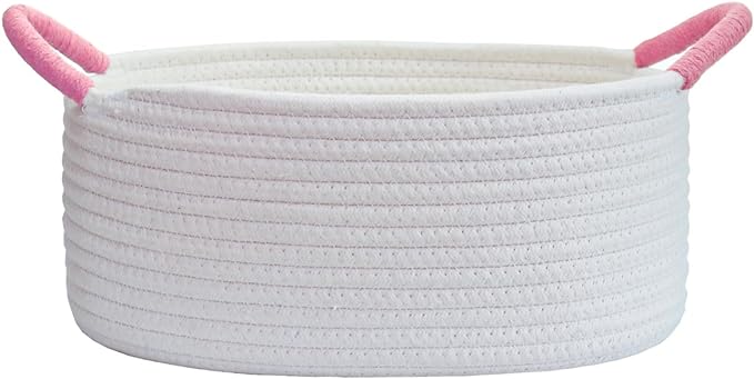 Yimi's Dream Baskets for Gifts Empty, Small Storage Baskets for Shelf, Decorative White Woven Baskets with Pink Handle for Mom, Nursery, Baby Shower, Christmas(Oval, 12"x 8"x 5")