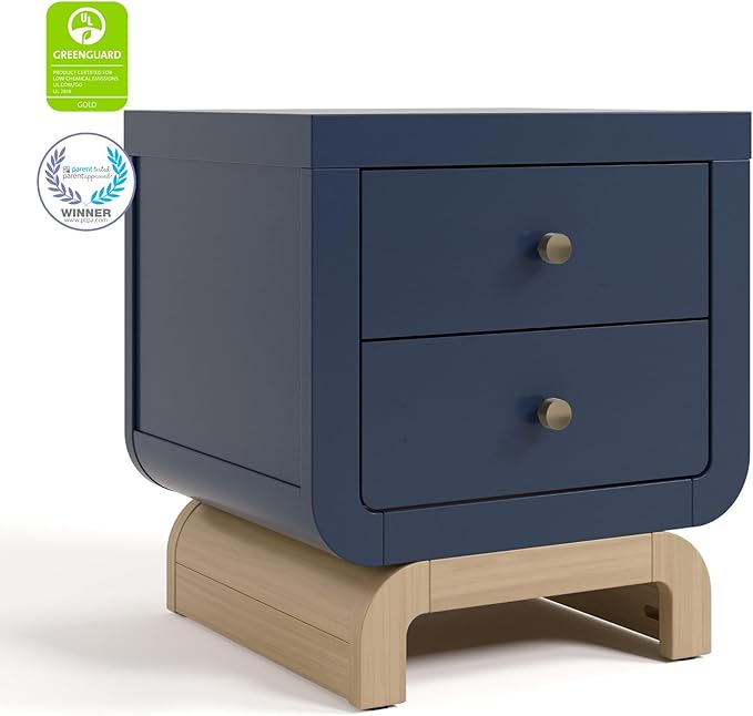 Storkcraft Santorini 2 Drawer Nightstand (Midnight Blue & Driftwood) - GREENGUARD Gold Certified Nightstand for Kids Bedroom, Premium Wood with Curved Base, “Champagne” Metal Knobs