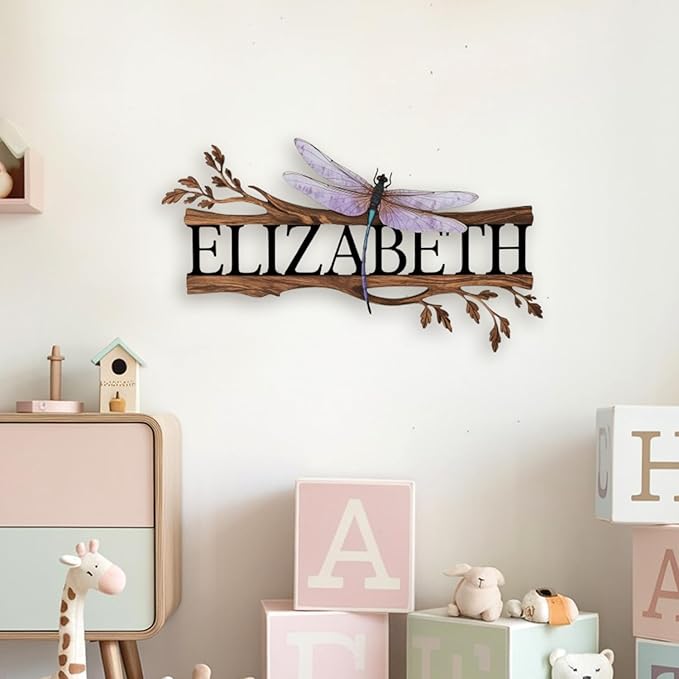 Personalized Nursery Sign, Animals Wooden Sign with Name, Hello World Newborn Sign, Dragonfly Sign for Kid Room Decor, Baby Gifts for Girl, Custom Baby Name Sign, Baby Girls Wall Art Bedroom