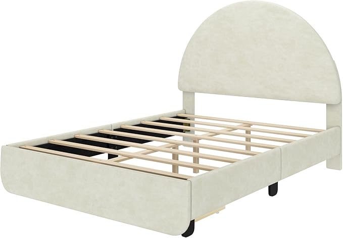 Max & Lily Upholstered Full Bed Frame with Arch Headboard with 1 Drawer End Storage, Upholstered Platform Bed for Kids, No Box Spring Needed, Easy Assembly, Cream