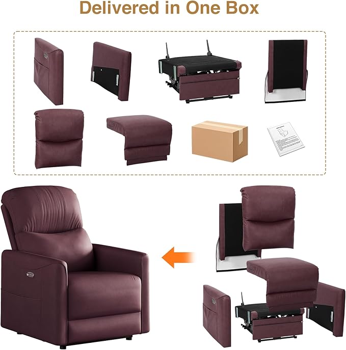Adjustable Power Recliner Chair, Comfy PU Leather Electric Recliner Chair, Power Recliners with USB Port, Eco-Certified Small Recliners for Small Spaces Sofa Reclinable, Dark Purple