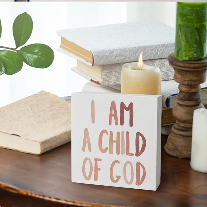 Boho Neutral Baby Girl Boy Nursery Decor - I am a Child of God Christian Wood Box Sign Desk Decor, Toddler Boy Girl Room Decor, Christian Desk Decor, Bible Verse Decor, 5x5