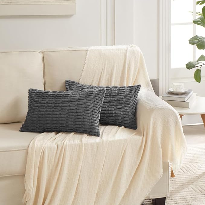 Fancy Homi 2 Packs Dark Grey Decorative Throw Pillow Covers 12x20 Inch for Living Room Couch Bed Sofa, Rustic Farmhouse Boho Home Decor, Soft Striped Corduroy Square Cushion Case 30x50 cm
