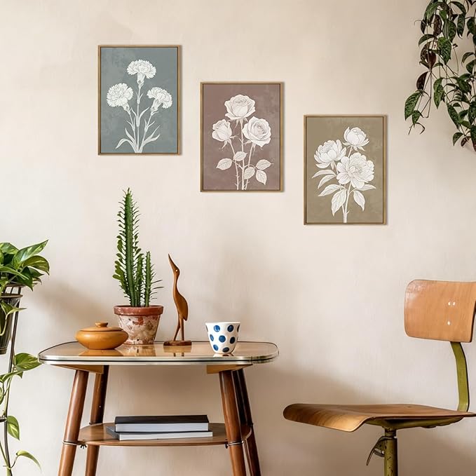 BINCUE Neutral Floral Canvas Wall Art Framed Boho Flower Painting Print 12" Lx16 W 3 Piece