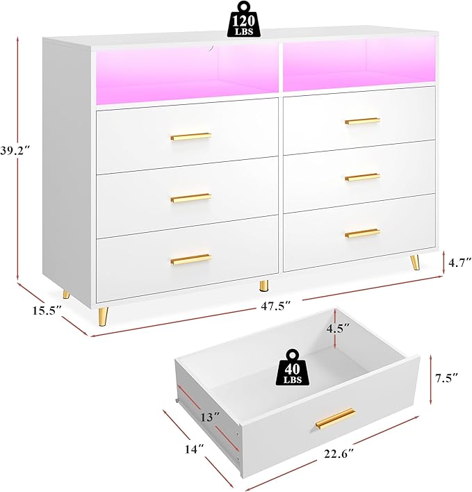 EnHomee White Dresser with LED Lights, 6 Drawers & 2 Open Shelves Top Dresser for Bedroom, Wood Chests of Drawers