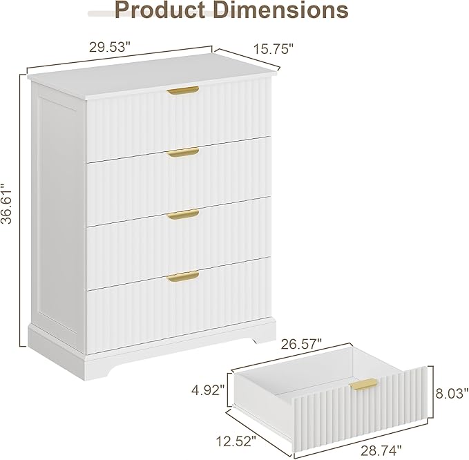 Fluted Dresser with 4 Drawers for Bedroom, 36.6" Tall Dresser with Metal Handle, Wooden Chest of Drawers for Bedroom, Living Room, Entryway, White