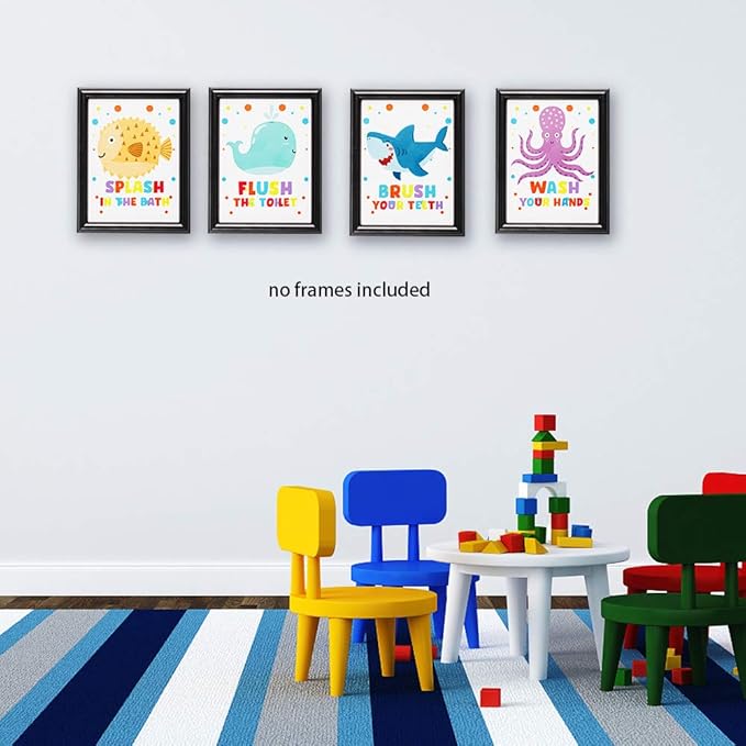 Funny Colorful Bathroom Ocean Life Quotes Art Print, Wash Splash Flush Brush Bathroom Canvas Wall Art Printing, Pufferfish Shark Whale Octopus For Kids Washroom Decor, Set of 4 8X10 inch, No Frame