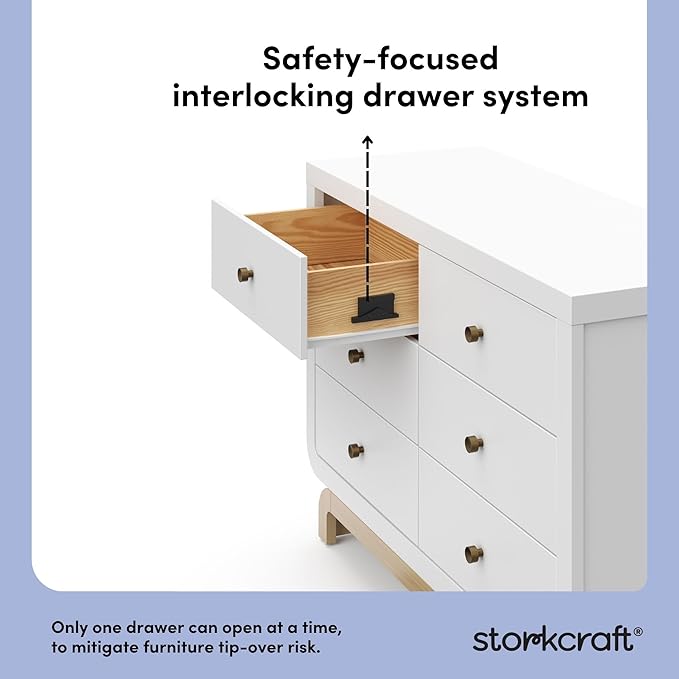 Storkcraft Santorini 6 Drawer Double Dresser (White with Driftwood) - GREENGUARD Gold Certified, Interlocking Drawer System, Dresser Drawer Organizer for Kids Bedroom