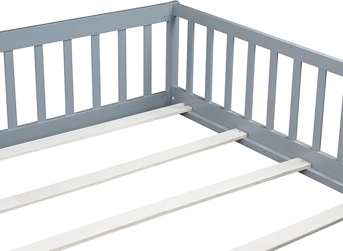Queen Size Floor Bed Frame with Slats and Safety Guardrail, Wood Queen Size Montessori Floor Bed with Door and Fence, Easy Assemble Montessori Beds for Kids, Girls, Boys, Gray