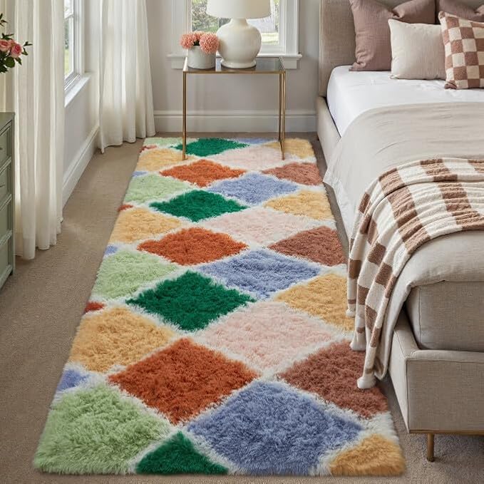 2x6 Checkered Rug Colorful Modern Soft Area Rug Fluffy Non-Slip Carpet for Bedroom Living Room Playroom Home Aesthetic Decor
