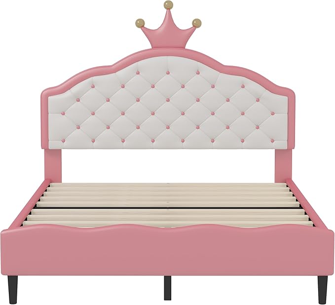 Bellemave Full Size Princess Bed Frame with Lovely Crown Shaped Headboard for Girls,Upholstered Platform Bed with Slats Support,Twin Girls Bed,Pink Cream