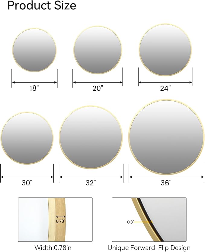 Gold Circle Mirror for Bathroom, 24 inch Circle Mirror, HD Eco-Friendly Round Bathroom Mirror for Over Sink, Matte Gold Metal Framed Wall Mirror for Wall, Vanity, Living Room, Easy to Install