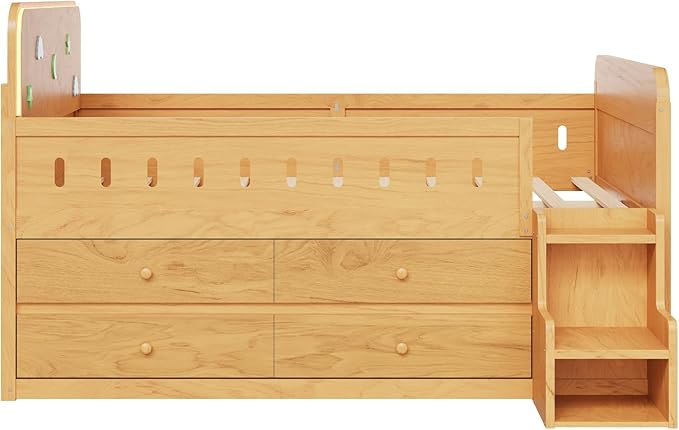 Full Size Platform Bed with Guardrail and 4 Drawers, Wooden Kids Platform Bed Frame with Two-Step Staircases and Light Strip for Boys Girls, Sturdy Slats Support (Wood-11A)