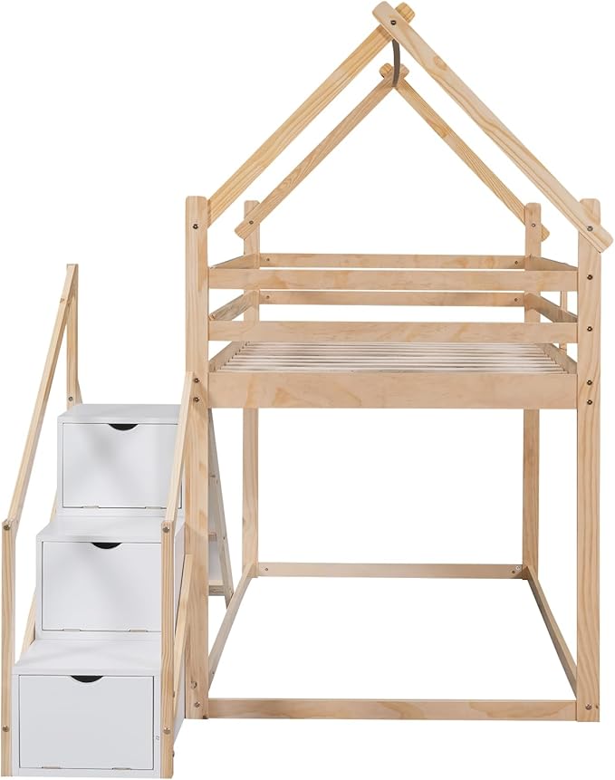 Flieks Twin Over Twin House Loft or Bunk Bed Frame for Boys Girls Kids Adults Toddler with Slide and Staircase, Natural