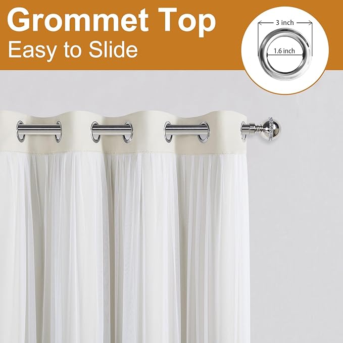 DWCN Blackout and Sheer Curtains with Tiebacks Layered Curtains for Living Room Grommet Top Window Curtain Panels with Sheer Overlay, 52 W by 108 L, Ivory, 2 Pieces