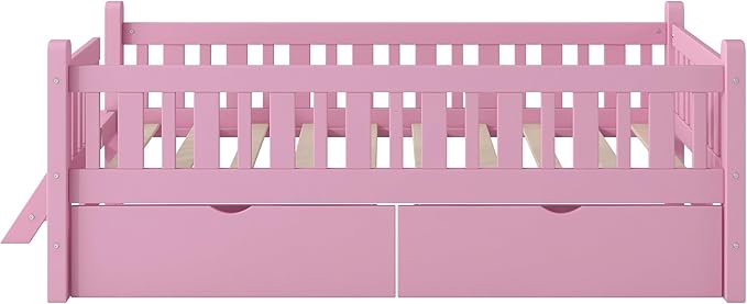 Twin Size Platform Bed with Guardrail and 2 Drawers, Wood Kids Platform Bed Frame with Two-Step Ladder for Boys Girls, Sturdy Slats Support (Pink-1.26)