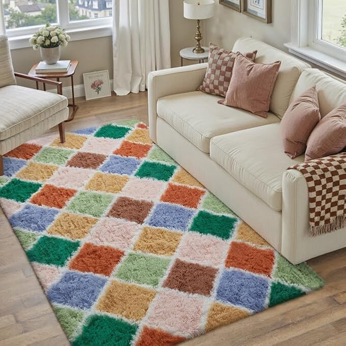 4x6 Checkered Rug for Living Room Colorful Modern Soft Area Rug Fluffy Non-Slip Carpet for Bedroom Playroom Home Aesthetic Decor